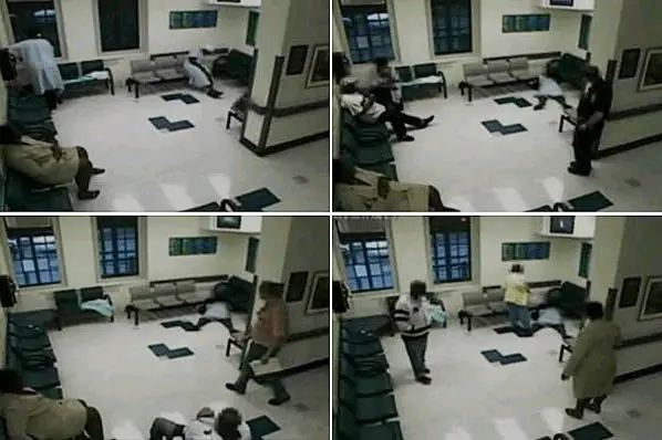 Stills from Kings County Hospital surveillance cameras showing Esmin Green waiting in waiting room of the psych ward